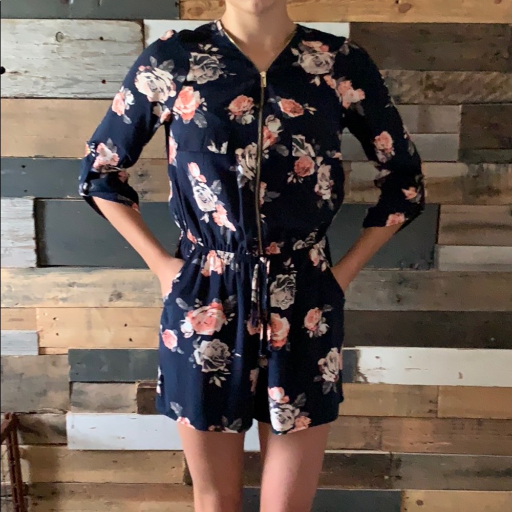 Long sleeve  navy floral romper with pockets